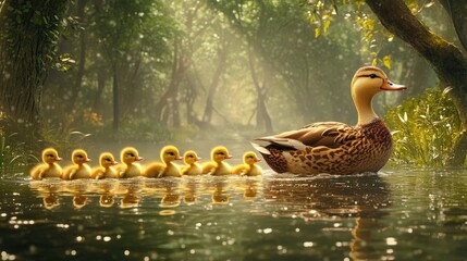 Fototapeta premium Mother Duck Leading Chicks Through Serene Forest Pond Scene