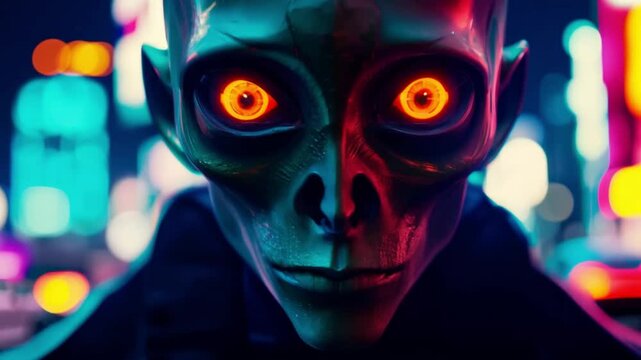 Close-up of alien face with glowing eyes standing in modern city