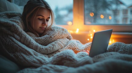 A young woman of European descent is wrapped in a cozy blanket, using a laptop in a warm, softly lit room. The mood is serene and wintery.