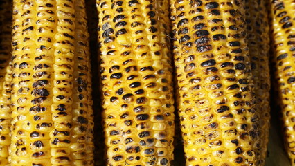 Grilled corn cobs with char marks, radiating flavors of summertime barbecue and outdoor gatherings.