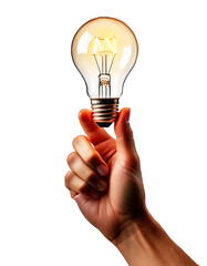 male Caucasian hand holding lit light bulb, isolated on white transparent background