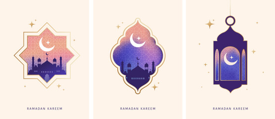 Ramadan Kareem window and lantern backgrounds. Modern Islamic greeting card template and wallpaper design. Poster and media banner vector illustration