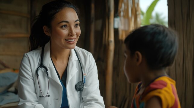  Female doctor delivering medical assistance in remote location, showcasing importance health services, challenges of rural healthcare, and the commitment to improving lives in difficult conditions.