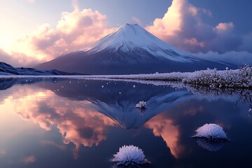 Majestic Mount Fuji Reflecting in Calm Waters at Dawn