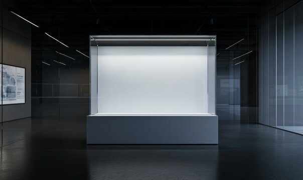 Demonstration mockup isolated in darkness of white glass showcase