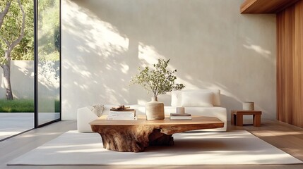 Serene Minimalist Living Room Photo: Warm Sunlight Illuminates Modern Interior Design. AI Generated