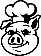Illustration of a pig head with chef hat isolated on white background. Pork meat. Design element for poster, menu ,card.