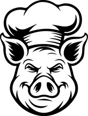 Illustration of a pig head with chef hat isolated on white background. Pork meat. Design element for poster, menu ,card.