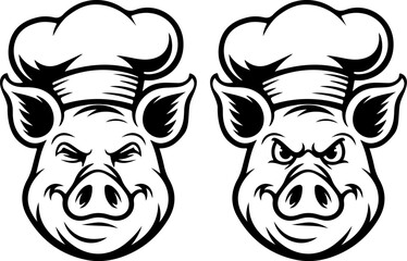 Illustration of a pig head with chef hat isolated on white background. Pork meat. Design element for poster, menu ,card.