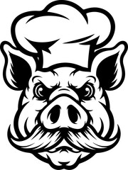 Illustration of a pig head with chef hat isolated on white background. Pork meat. Design element for poster, menu ,card.