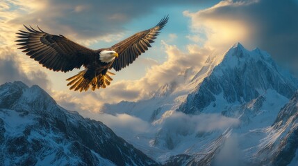 Obraz premium Majestic bald eagle in flight over snow-capped mountains at sunset. (1)