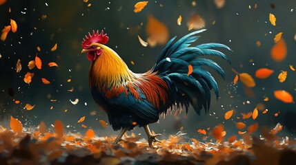Fototapeta premium Colorful Rooster Walking Through Vibrant Autumn Leaves Landscape