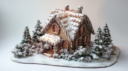 Enchanting gingerbread house nestled in a snowy winter scene, illuminated with warm lights.