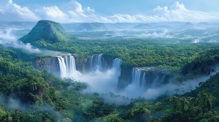 Majestic Waterfall Surrounded by Lush Green Forest and Mountains