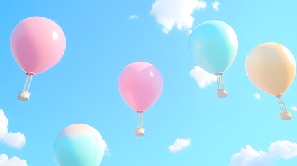 Pastel Hot Air Balloons Floating Sky Blue Background