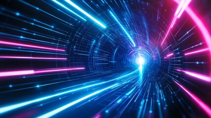 Obraz premium Vibrant Neon Tunnel: Futuristic 3D Render Illustration, Dynamic Light Streaks. AI Generated