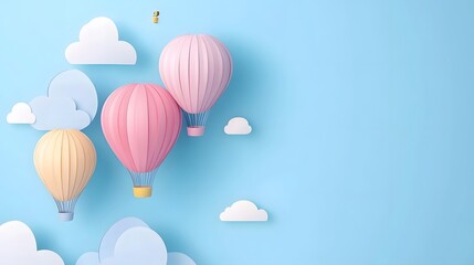 Pastel Hot Air Balloons Floating Sky Paper Cloudscape Design