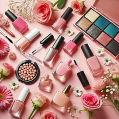 Happy woman's day concept. Makeup products, nail polish and flowers on pink background. 