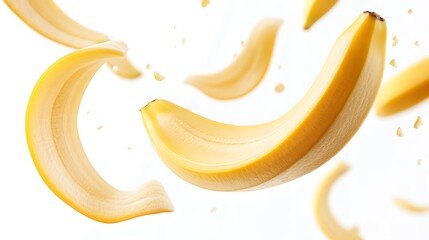 Ripe Yellow Bananas Flying Dynamic Splash White Background