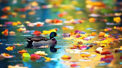 Colorful Mallard Duck Swimming in Autumn Foliage on Water Surface