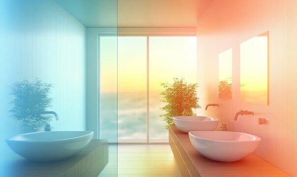 Gradient-walled bathroom with dual sinks