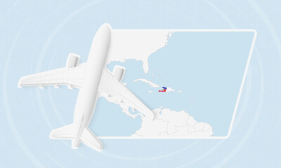 Haiti Travel Illustration with Plane and National Flag. Airplane Flying Over Haiti Map. © boldg