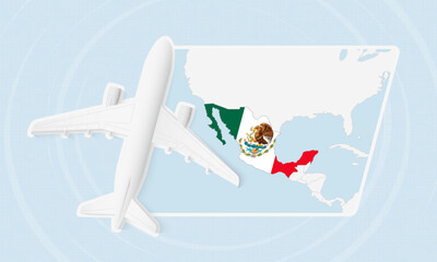 Mexico Travel Illustration with Plane and National Flag. Airplane Flying Over Mexico Map.