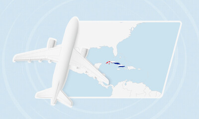 Cuba Travel Illustration with Plane and National Flag. Airplane Flying Over Cuba Map. © boldg