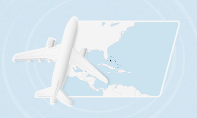 The Bahamas Travel Illustration with Plane and National Flag. Airplane Flying Over The Bahamas Map. © boldg