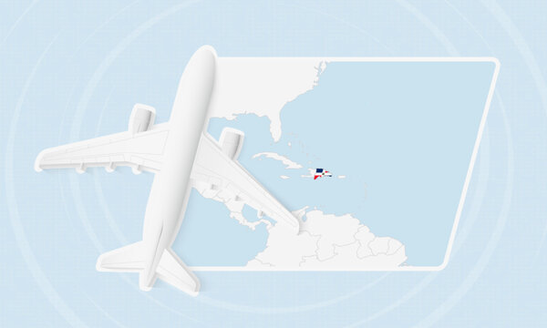 Dominican Republic Travel Illustration with Plane and National Flag. Airplane Flying Over Dominican Republic Map.