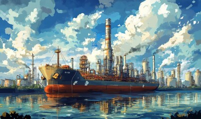 Naklejka premium A Thai oil refinery or petrochemical industry scene with a ship, emphasizing logistics for import and export.