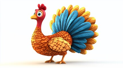 Cartoon turkey with orange and blue feathers.