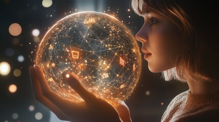 Naklejka premium Woman gazing at glowing orb, network data.