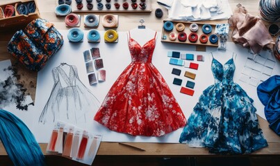 illustration from above of various fashion dresses sketches near fabric swatches and palette in workshop