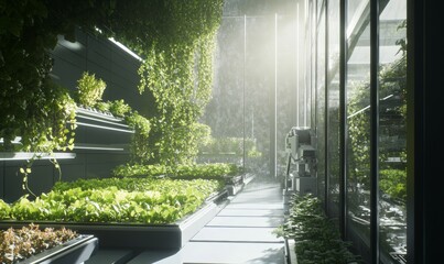 Obraz premium Advanced vertical farming facility with multi-tiered hydroponic gardens, automated robots tending to crops