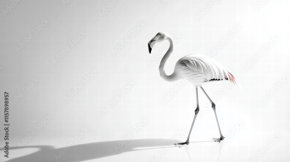 Poster Flamingo standing elegantly on one leg in a minimalistic setting with plenty of space for text and design. Generative AI
