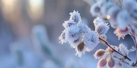 Clear morning in the forest with soft sunlight illuminating the frozen blooming heather, creating a serene and peaceful winter scene surrounded by nature's beauty
