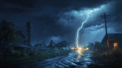 Fototapeta premium Stormy night scene, lightning striking near rural road.