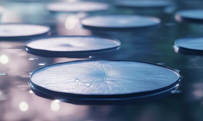 Obraz premium Lily pads floating serenely on a tranquil pond, tiny ripples reflecting their smooth, round surfaces.