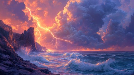 Fototapeta premium Dramatic sunset with lightning striking over ocean waves and rocky coast.