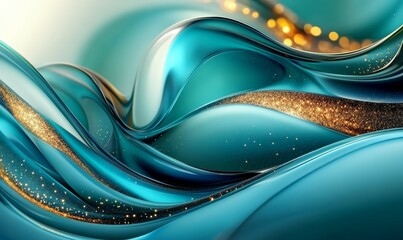 Beautiful Teal and Blue Liquid Swirls with Gold Glitter. Modern Art Wallpaper.