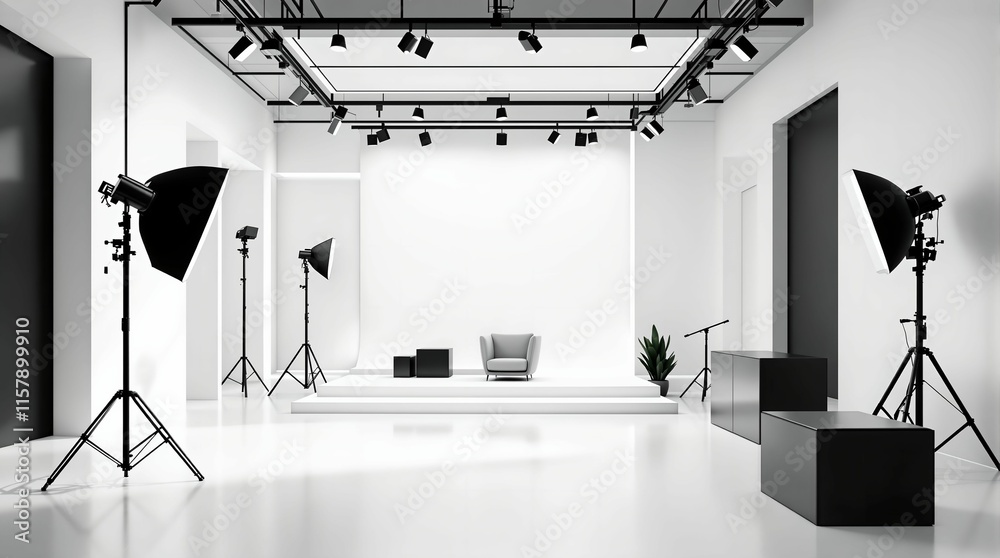 Aufkleber well-lit photography studio with a white floor and walls, featuring multiple studio lights arranged 