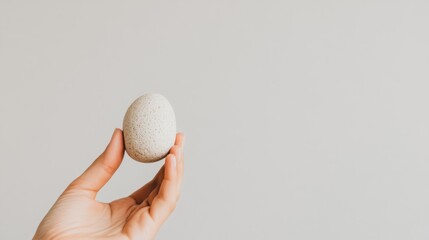 A hand holding a speckled egg against a light background.