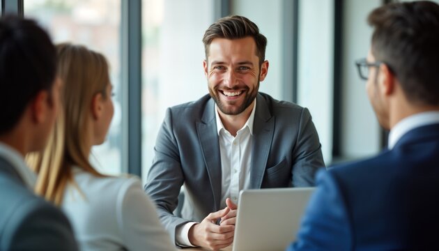 Business manager interacts with clients in meeting. Pro discussion. Happy faces, teamwork. Customer service positive. Attentive listener, collaborative environment. Business consultation in office.