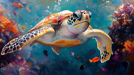 Obraz premium Vibrant sea turtle swimming amidst coral reef and colorful fish.
