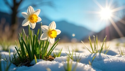 Spring flowers, grass emerge from melting snow. White daffodils bloom under bright sunlight. Springtime beauty in nature. New life appears after winter. Sunshine on ground. Early spring scenery. © Viktor