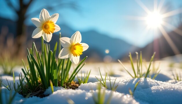 Spring flowers, grass emerge from melting snow. White daffodils bloom under bright sunlight. Springtime beauty in nature. New life appears after winter. Sunshine on ground. Early spring scenery.