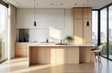 Fototapeta premium Modern kitchen interior design wood, concrete elements. Daylight illuminates space featuring empty mock up area on wall island appliances, window offering city view. Spacious, comfortable modern room