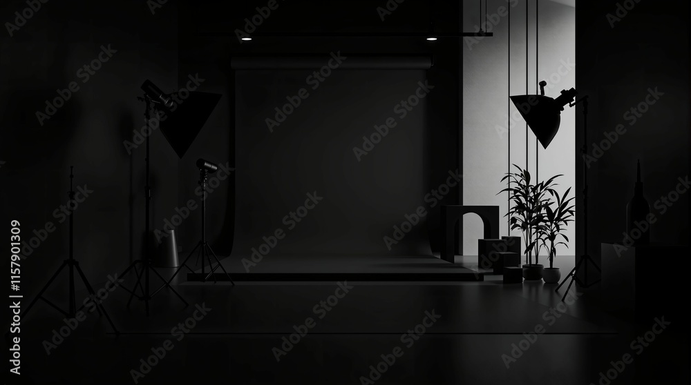 Aufkleber the image shows a dimly lit room with two large lamps, one on each side of a large screen or backdro