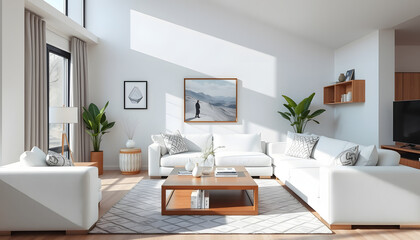 Interior of light living room with white sofa and coffee table, sticker style. isolated with white highlights